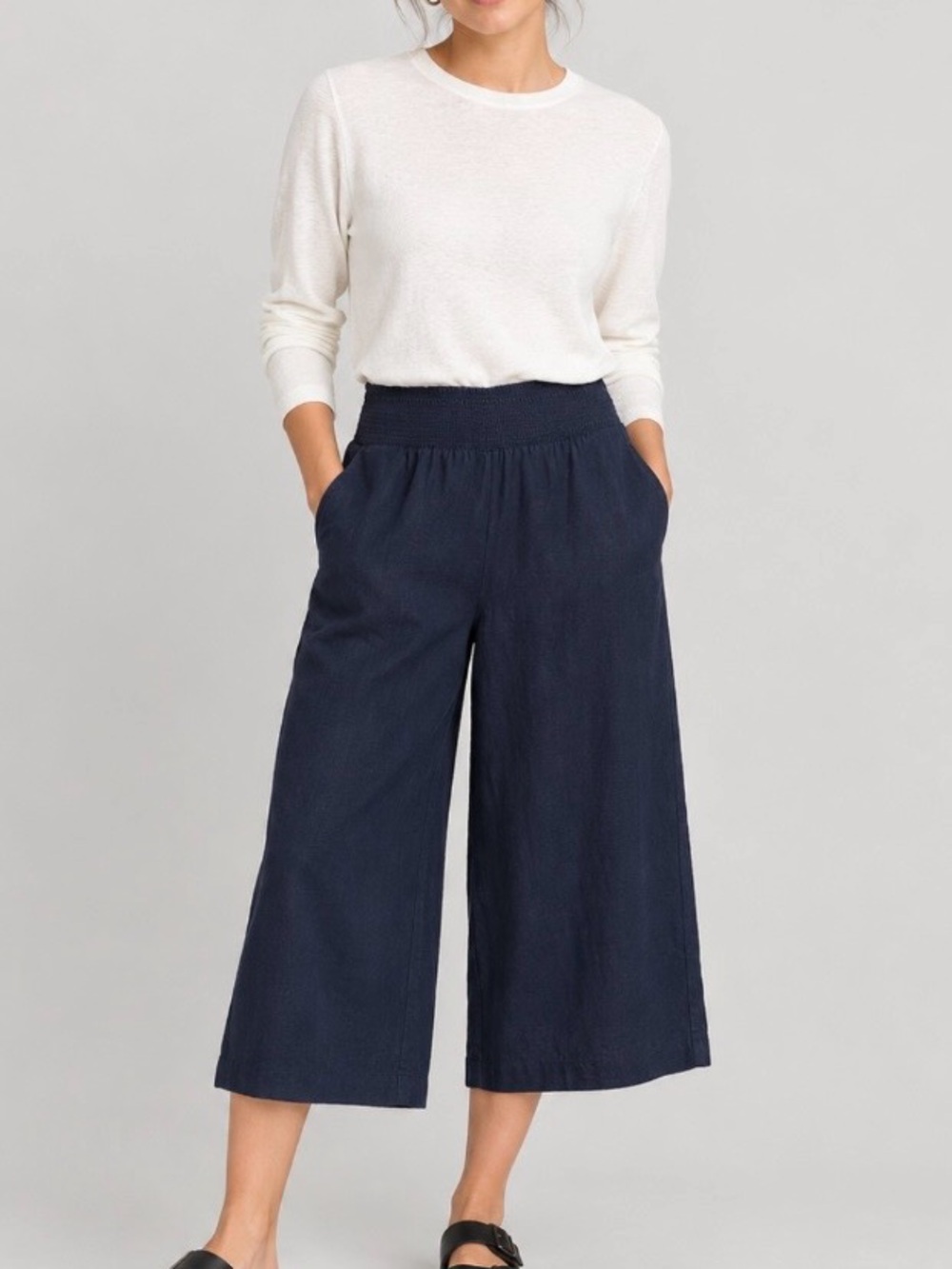 Reitmans NWT Cropped Wide-Leg Linen-Blend Pant Navy M Cruise Lagenlook Coastal